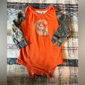 Carhartt Orange and Camouflage Hunting Themed Long Sleeve Onesie